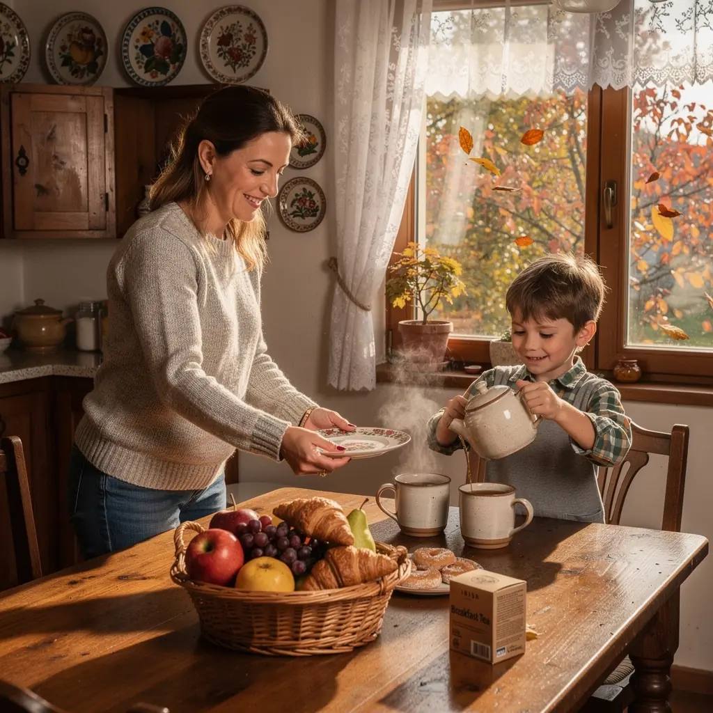Gőzölgő ír tea egy gyönyörű kerámia csészében, háttérben zöld táj.