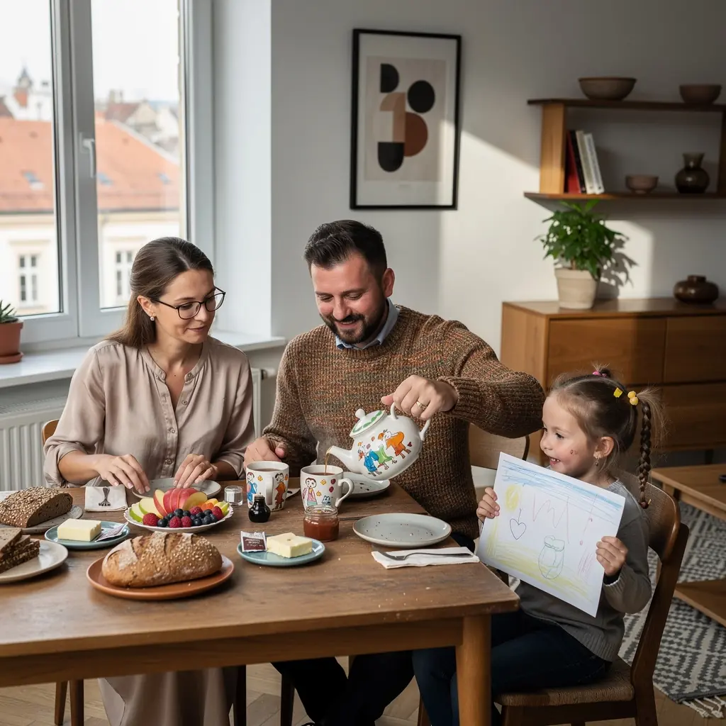 Egy csésze ír reggeli tea, háttérben napfelkeltés táj.